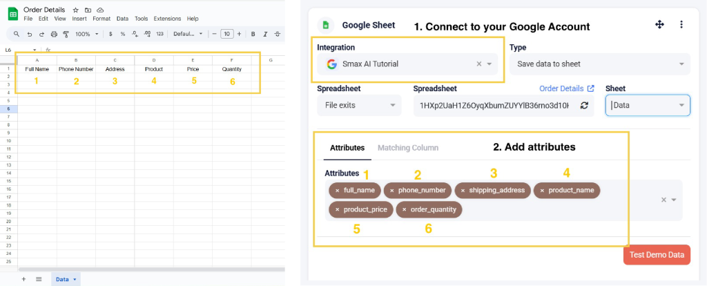Google Sheet with a spreadsheet page with only the first row filled in, including: Full Name, Phone Number, Address, Product, Price, Quality and Smax AI Intergration Interface indicating a connection to the owner Google Account, with 6 attributes been selected: full_name, phone_number, shipping_address, product_name, product_price, order_quantity