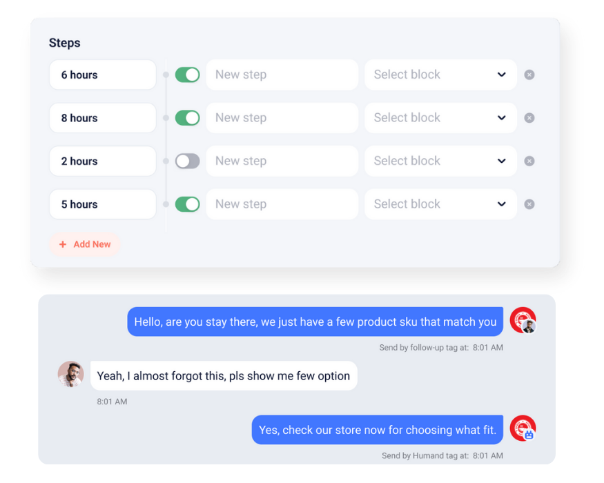 Automated chat follow-up system with time-based steps and customer conversation